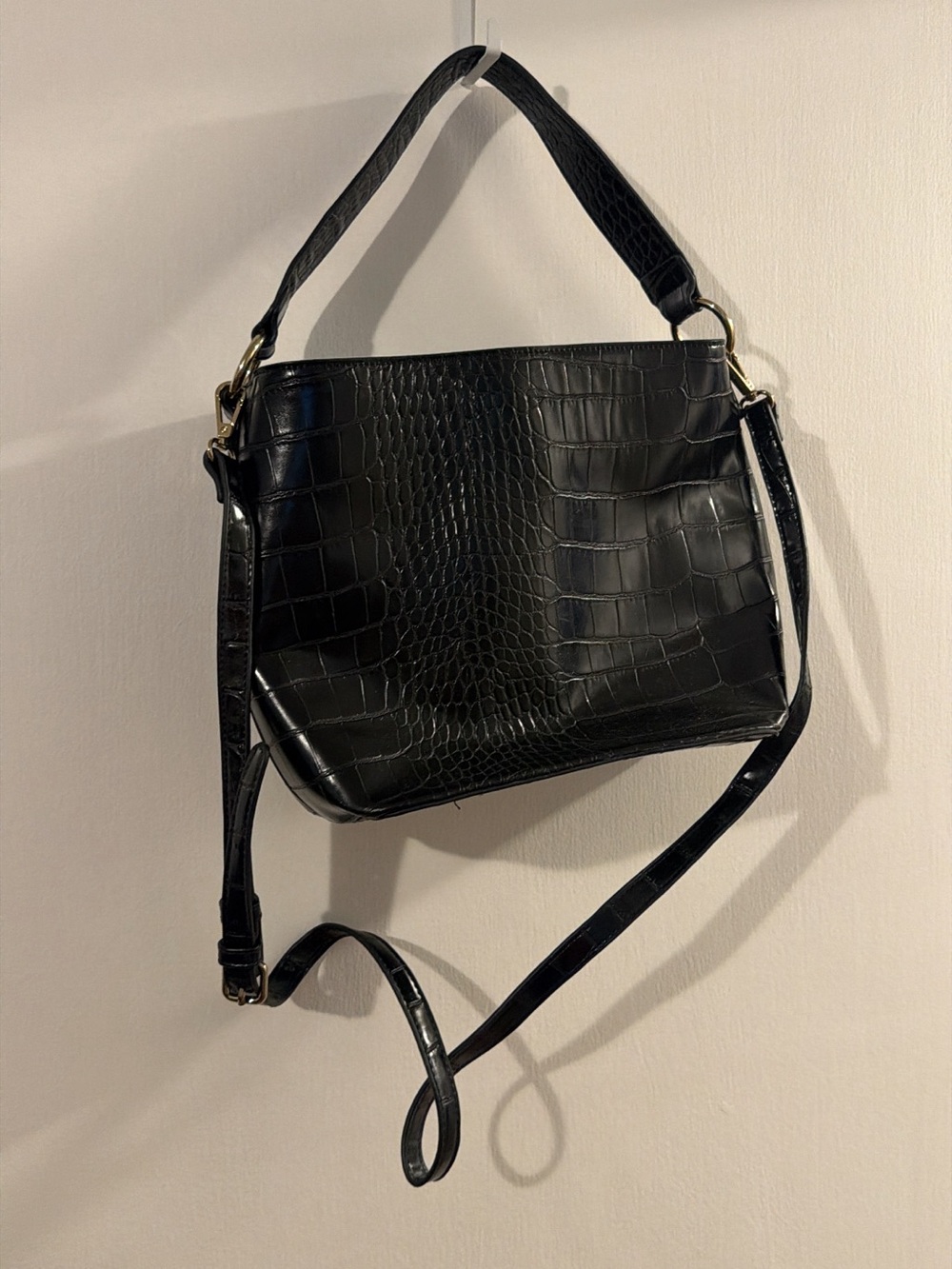 Black Croc-Embossed Shoulder Bag